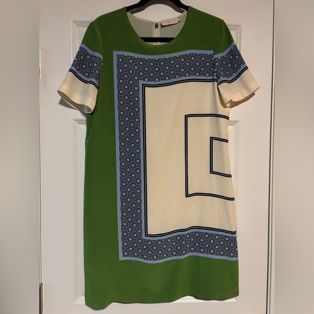 Tory Burch Green, Blue & White Color Blocked Silk Shift Dress, size 10 - Picture 3 of 11